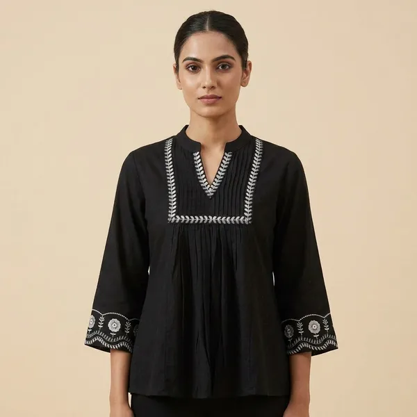 Black_Fine_Cotton_Flax_Premium_Top_For_Women
