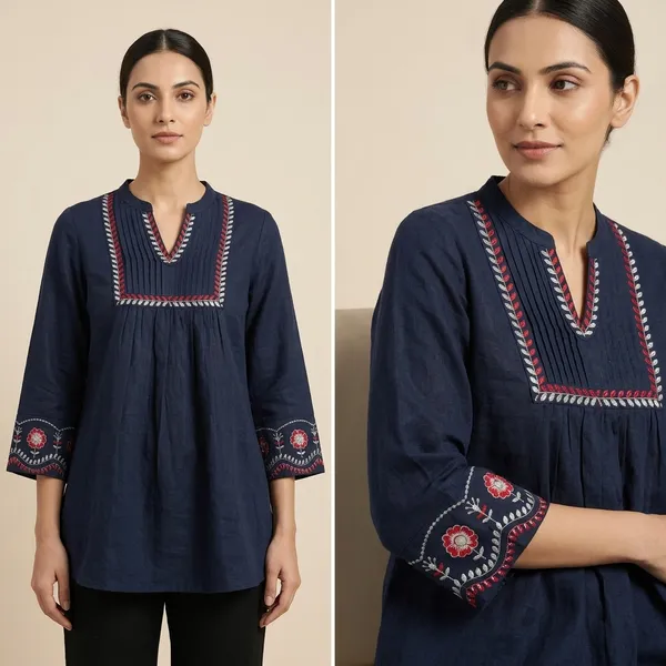 Navy_Fine_Cotton_Flax_Premium_Top_For_Women