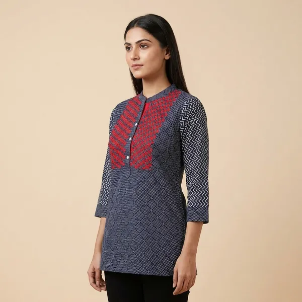 Indigo_Blue_With_Red_Fine_Cotton_Cambric_Premium_Top_For_Women