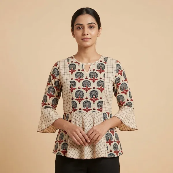Teal_Blue_Pure_Cotton_Self_Weave_Premium_Top_For_Women