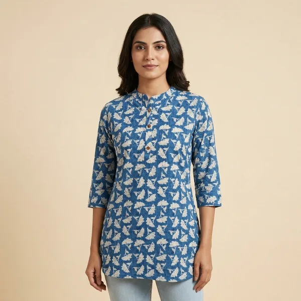 Blue_Printed_Pure_Cotton_Short_Top_For_Women
