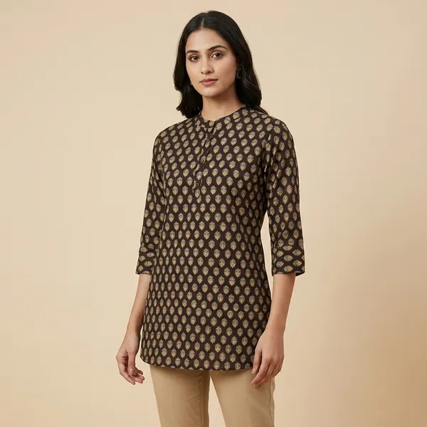 Dark_Brown_Printed_Pure_Cotton_Premium_Short_Top_For_Women