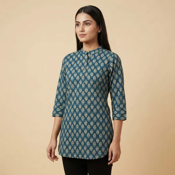 Indigo_Blue_Printed_Pure_Cotton_Short_Top_For_Women