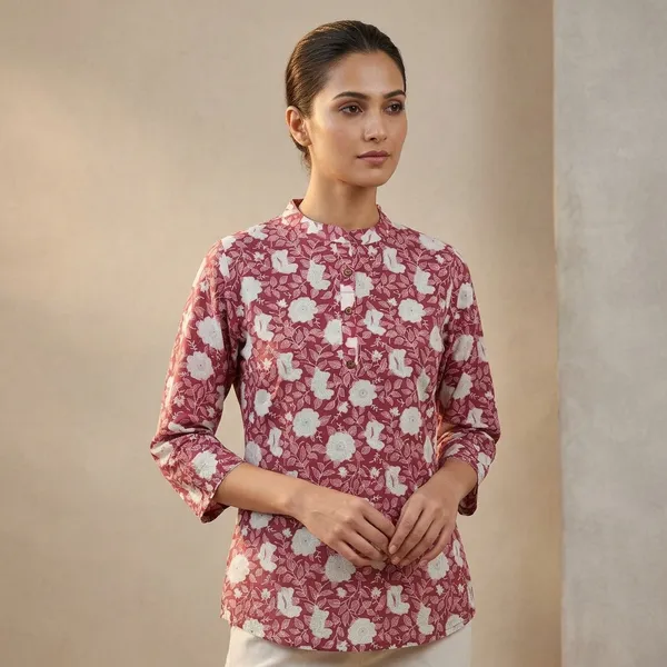 Maroon_Floral_Printed_Pure_Cotton_Short_Top_For_Women