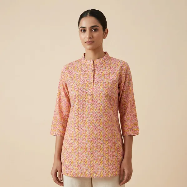 Light_Orange_Printed_Pure_Cotton_Premium_Short_Top_For_Women