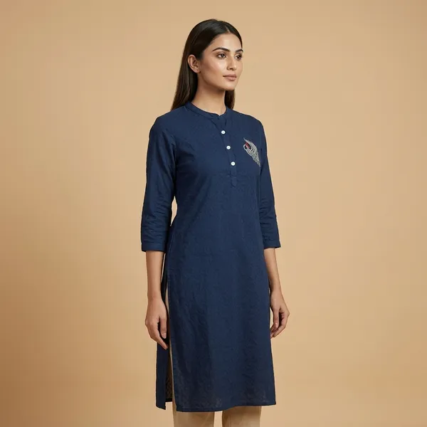 Navy_Blue_Pure_Cotton_Self_Weave_Dobby_Fabric_Premium_Tunic_Top_For_Women
