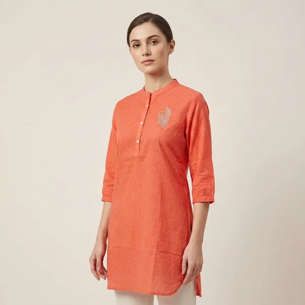 Coral_Orange_Pure_Cotton_Self_Weave_Dobby_Fabric_Premium_Tunic_Top_For_Women