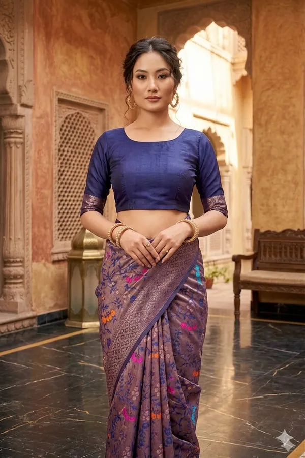 Women_Navy_Blue_Silk_Blend_Readymade_Blouse_With_Brocade_Sleeves