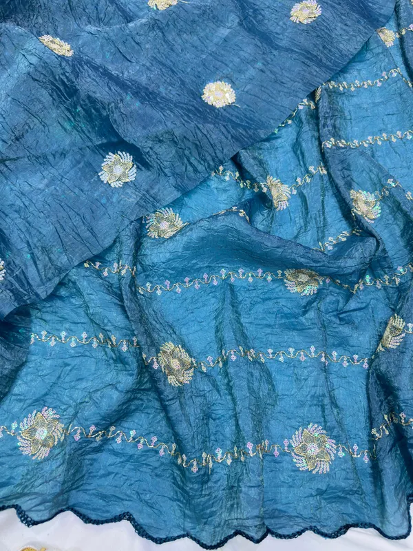 Teal_Blue_Embroidered_Saree_With_Rajasthani_Gota_Patti_Work_And_Blouse