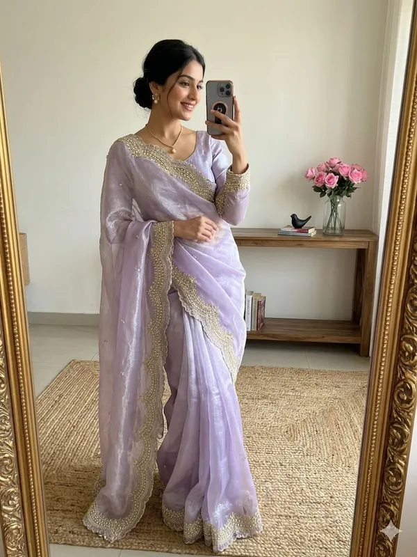 Lavender_Organza_Party_Wear_Saree_With_Gold_Embroidered_Scallop_Border