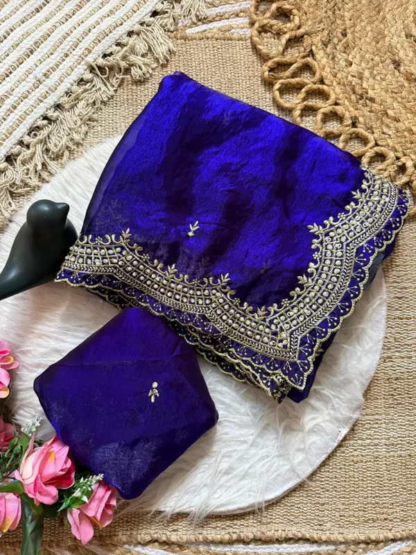 Royal_Blue_Festive_Saree_With_Gold_Embroidered_Border_And_Matching_Blouse