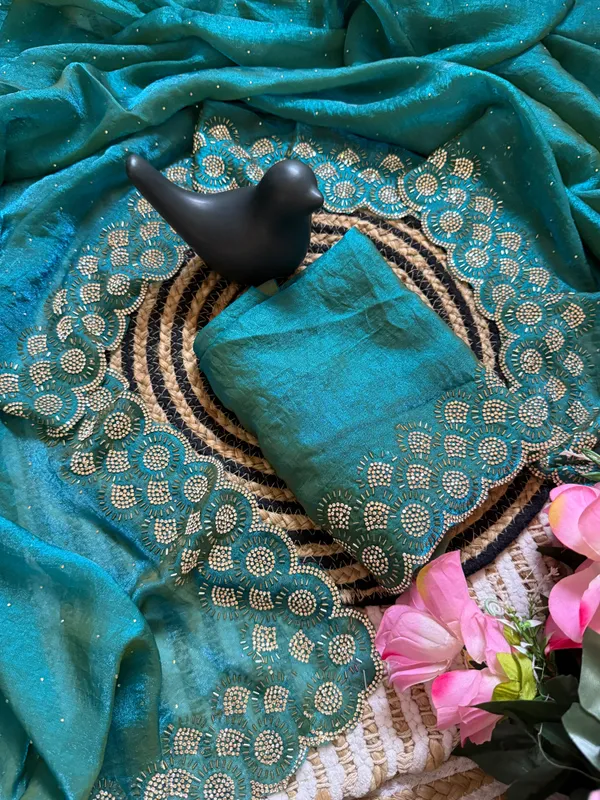 Teal_Blue_Sequin_Embellished_Party_Wear_Saree_With_Gold_Border_Work