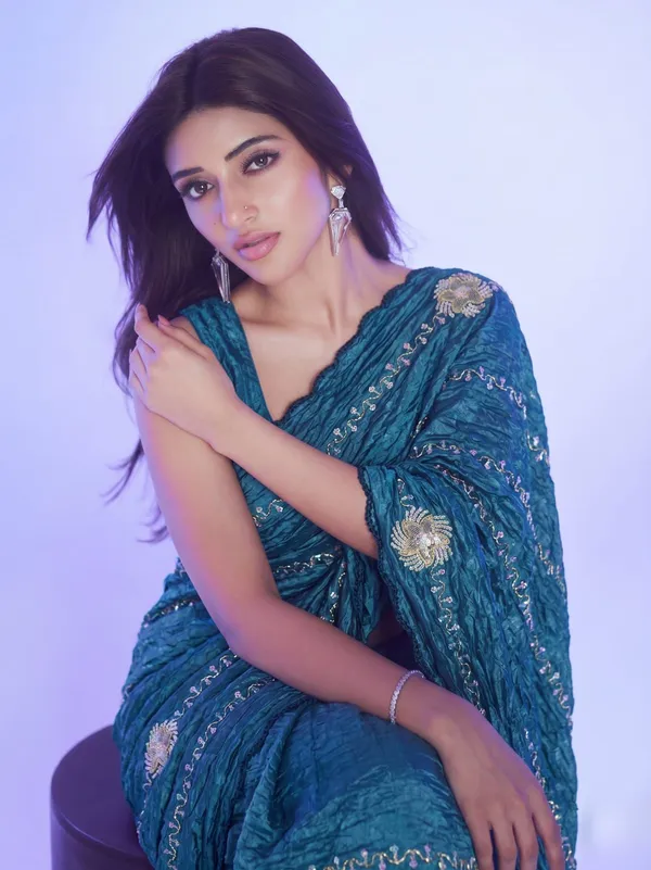 Teal_Pre_Draped_Ruched_Saree_With_Sequin_Border_And_Gold_Embellishments