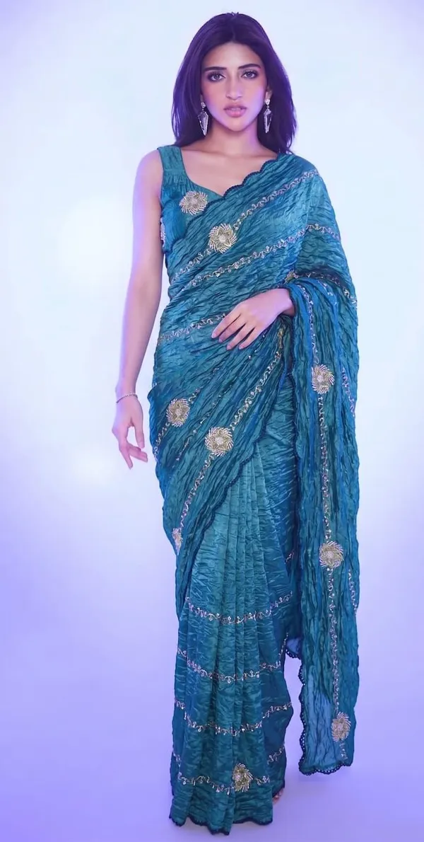 Teal_Pre_Draped_Ruched_Saree_With_Sequin_Border_And_Gold_Embellishments