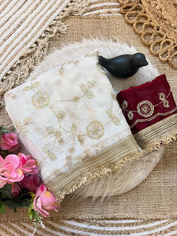 White_Embroidered_Saree_With_Gold_Border_And_Contrast_Maroon_Blouse