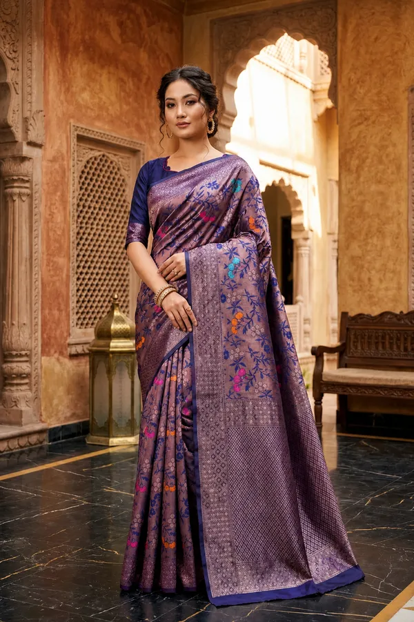 Women_Navy_Blue_Silk_Blend_Readymade_Blouse_With_Brocade_Sleeves