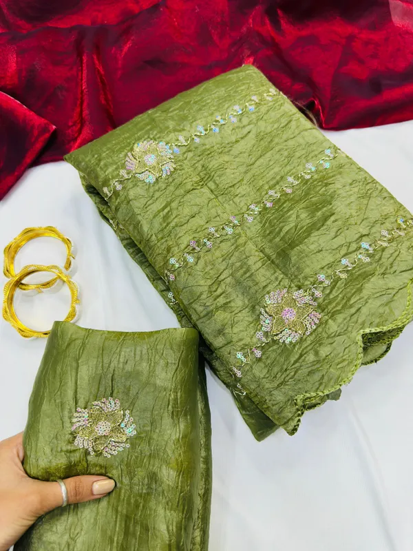 Designer_Olive_Green_Ruched_Ready_To_Wear_Saree_With_Sequin_Work