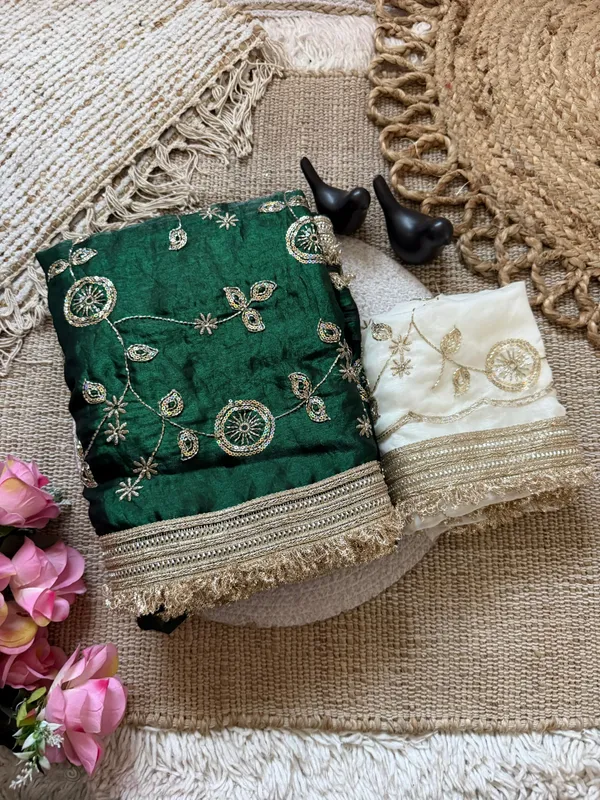 Green_Embroidered_Saree_With_Gold_Border_And_Contrast_White_Blouse