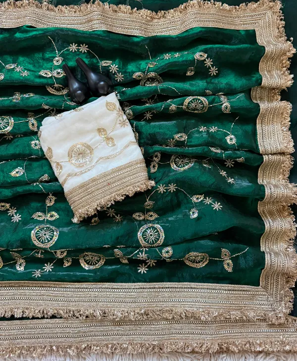 Green_Embroidered_Saree_With_Gold_Border_And_Contrast_White_Blouse