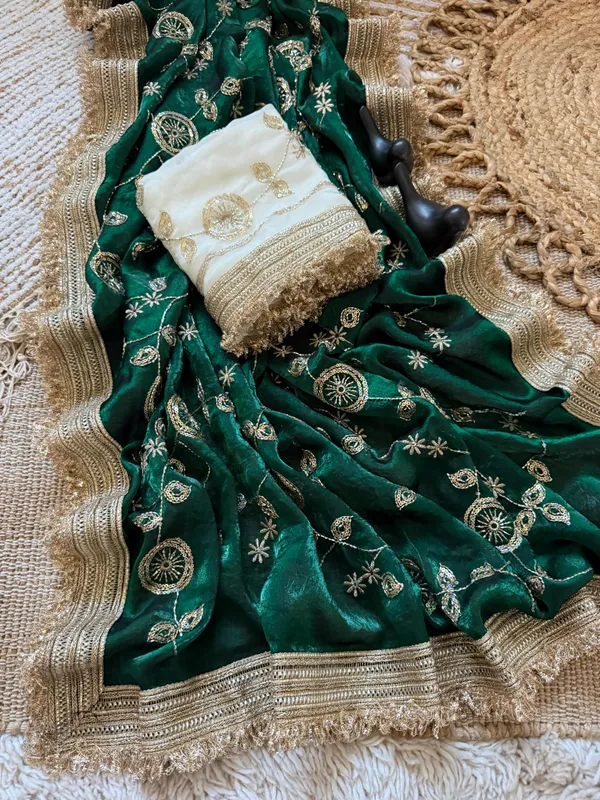 Green_Embroidered_Saree_With_Gold_Border_And_Contrast_White_Blouse