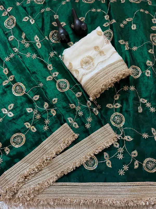 Green_Embroidered_Saree_With_Gold_Border_And_Contrast_White_Blouse