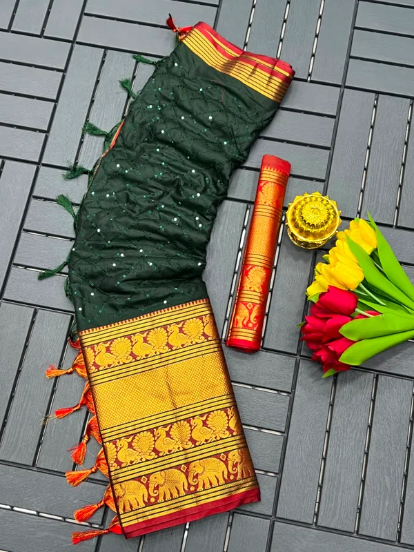 Aura_Pure_Mercerised_Cotton_Silk_Saree_with_Sequence_Work_&_Contrast_Border_|_Elegant_Ethnic_Wear