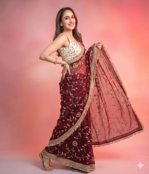 Maroon_Embroidered_Party_Wear_Saree_With_Gold_Border_And_White_Blouse