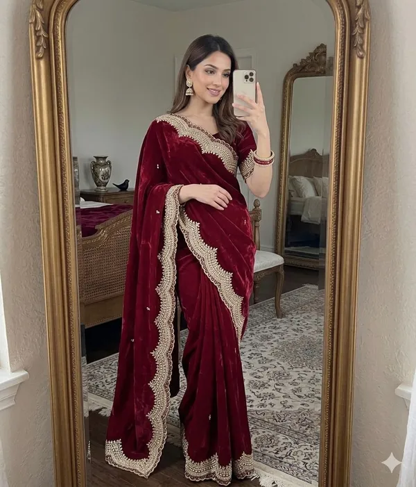 Maroon_Velvet_Embroidered_Saree_With_Gold_Border_And_Blouse_Piece