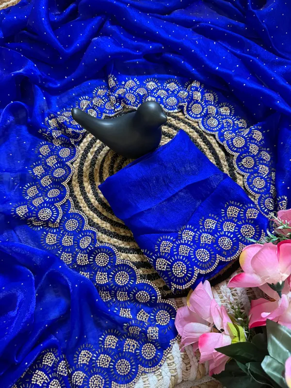 Royal_Blue_Georgette_Saree_With_Gold_Floral_Embroidery_And_Matching_Blouse