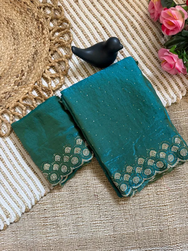 Teal_Blue_Sequin_Embellished_Party_Wear_Saree_With_Gold_Border_Work