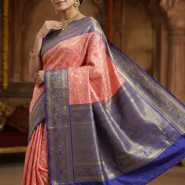 Peach_Pink_Silk_Saree_With_Contrast_Blue_Zari_Border_And_Blouse_Piece
