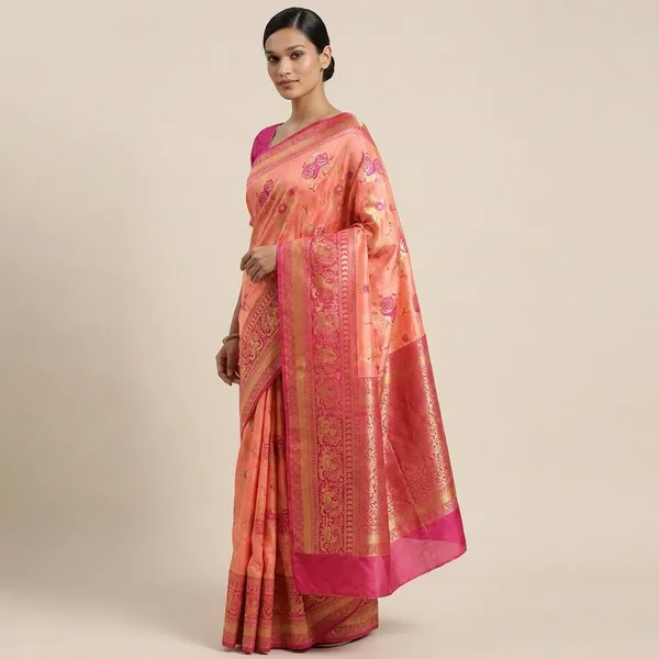 Peach_And_Magenta_Silk_Blend_Saree_With_Gold_Zari_Work_And_Blouse_Piece