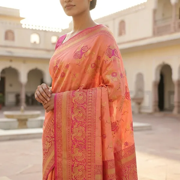 Peach_And_Magenta_Silk_Blend_Saree_With_Gold_Zari_Work_And_Blouse_Piece