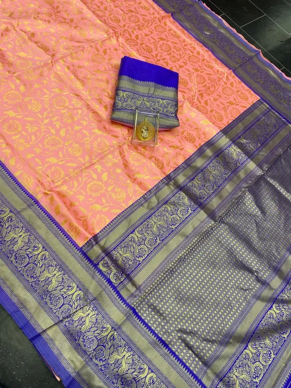 Peach_Pink_Silk_Saree_With_Contrast_Blue_Zari_Border_And_Blouse_Piece