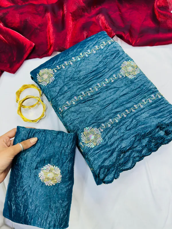 Teal_Blue_Embroidered_Saree_With_Rajasthani_Gota_Patti_Work_And_Blouse