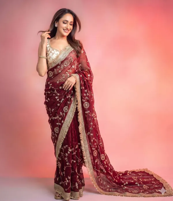 Maroon_Embroidered_Party_Wear_Saree_With_Gold_Border_And_White_Blouse