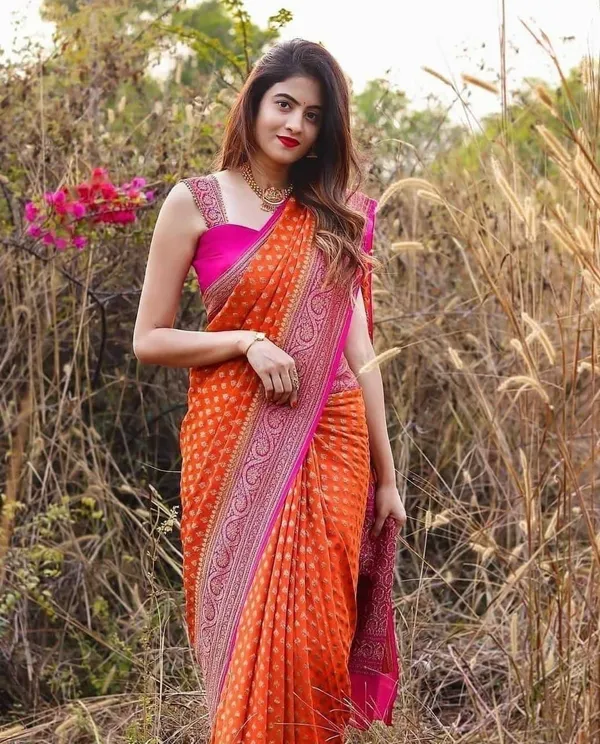 Traditional_Orange_Bandhani_Saree_With_Pink_Border_And_Zari_Woven_Pallu