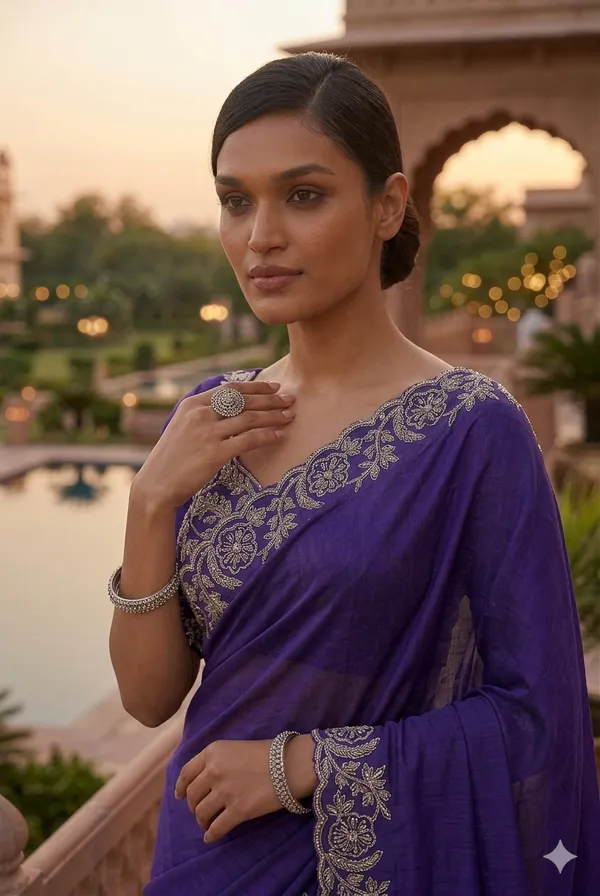 Royal_Purple_Embroidered_Saree_with_Silver_Zari_Border_&_Blouse_Piece