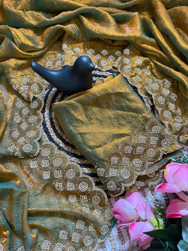 Olive_Green_Organza_Saree_With_Gold_Lace_Border_And_Blouse_Piece