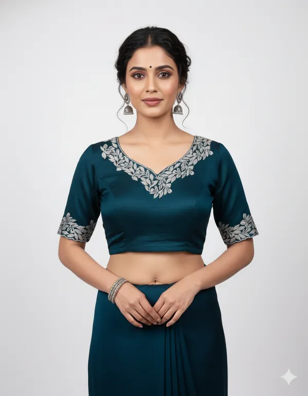 Teal_Blue_Georgette_Party_Wear_Saree_With_Embroidered_Border_And_Blouse