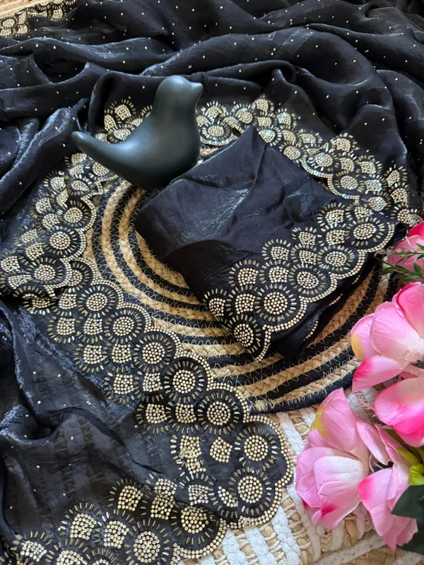 Black_Georgette_Cocktail_Saree_With_Gold_Embroidered_Border_And_Sequins