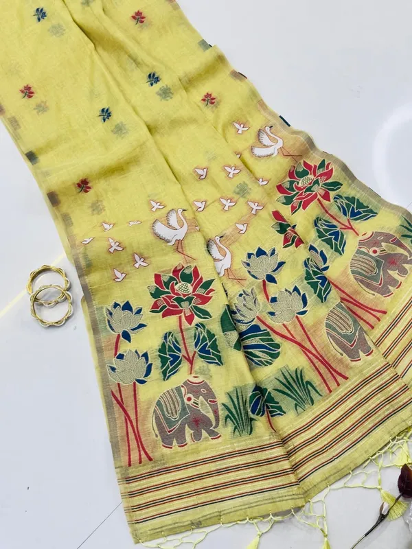 Yellow_Linen_Saree_With_Traditional_Lotus_And_Elephant_Block_Print_Motifs