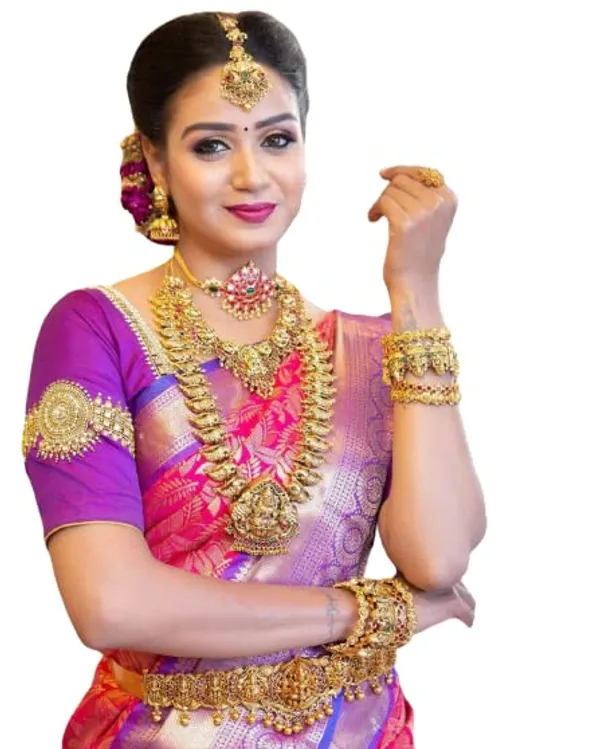 Pink_And_Purple_Kanjivaram_Silk_Bridal_Saree_With_Heavy_Gold_Zari_Work