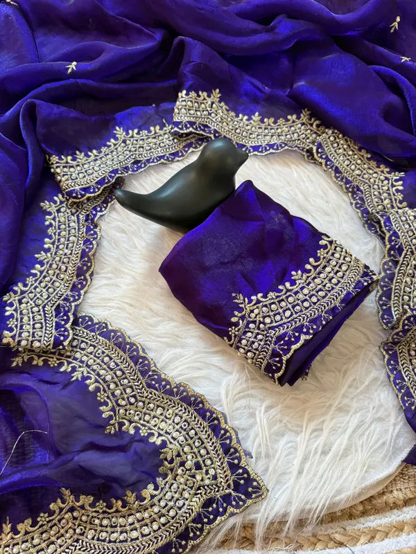 Royal_Blue_Festive_Saree_With_Gold_Embroidered_Border_And_Matching_Blouse