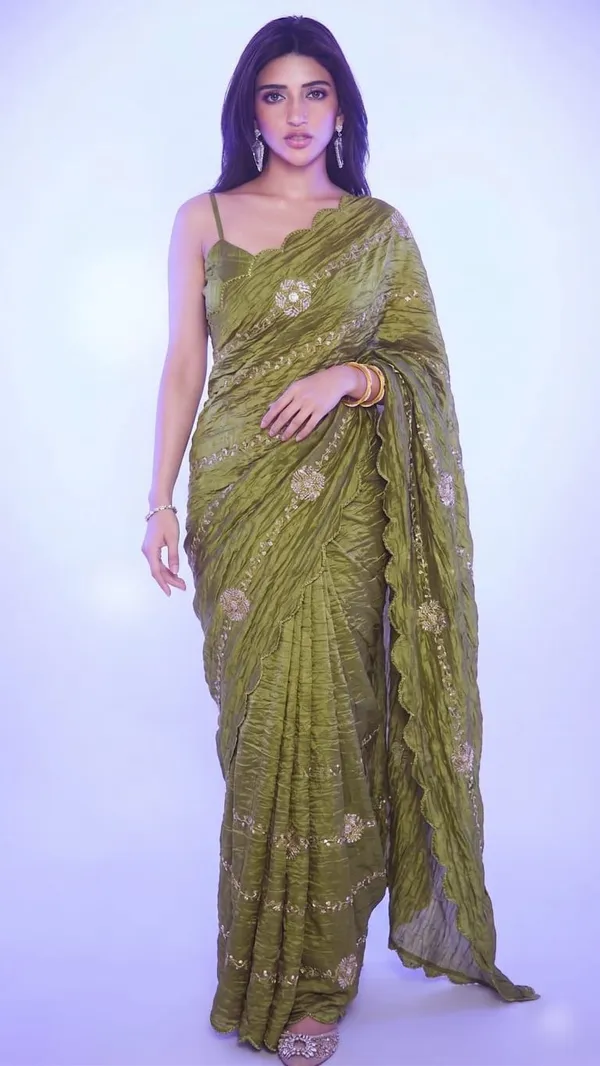 Designer_Olive_Green_Ruched_Ready_To_Wear_Saree_With_Sequin_Work