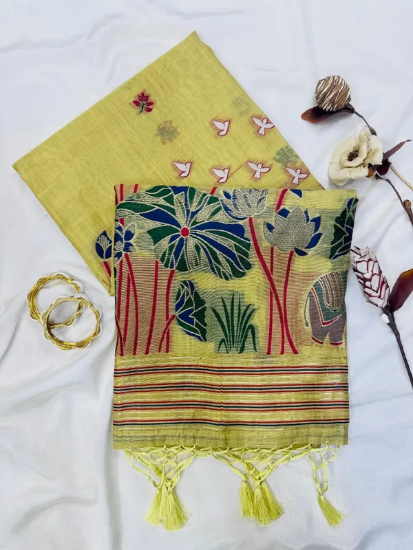 Yellow_Linen_Saree_With_Traditional_Lotus_And_Elephant_Block_Print_Motifs