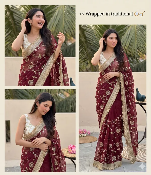 Maroon_Embroidered_Party_Wear_Saree_With_Gold_Border_And_White_Blouse