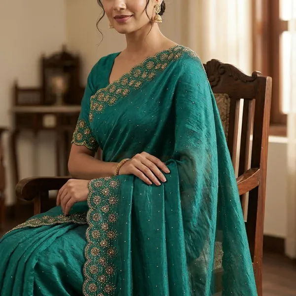 Teal_Blue_Sequin_Embellished_Party_Wear_Saree_With_Gold_Border_Work