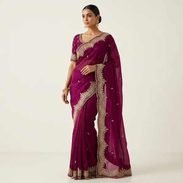 Magenta_Velvet_Heavy_Embroidered_Bridal_Saree_With_Blouse_Piece