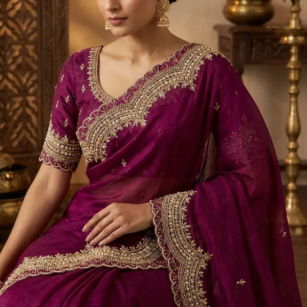 Magenta_Velvet_Heavy_Embroidered_Bridal_Saree_With_Blouse_Piece